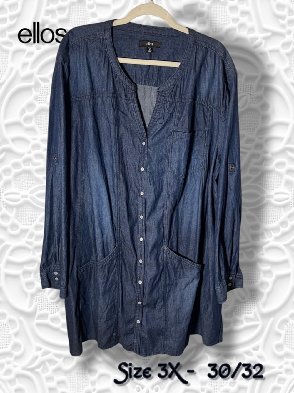 ellos Indigo Snap Button-Front Longline Dark Denim Tunic Size 3X - 30/32